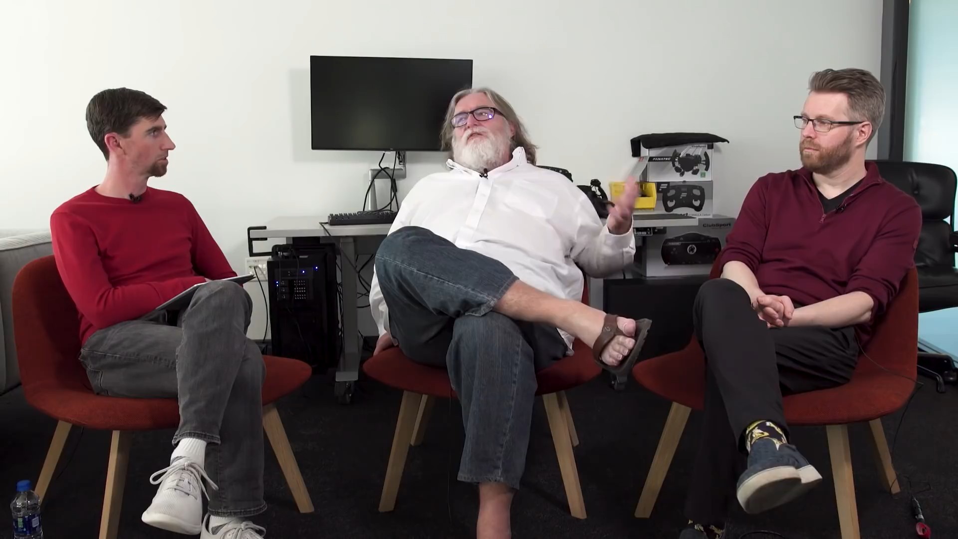 gabe newell in an interview, barefoot, toenails, sharp, Stable Diffusion